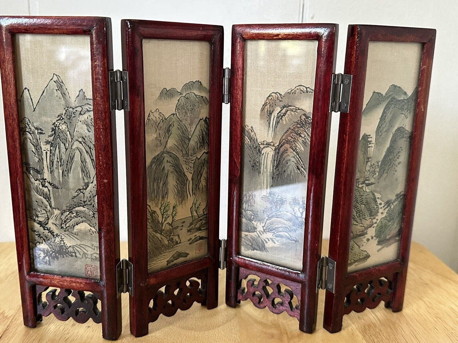 Vintage Asian Tabletop Wood Folding Screen 4 Panels Mountains Trees Koi