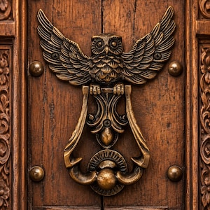 May include: A bronze-toned metal door knocker shaped like an owl with outstretched wings, mounted on a dark brown wooden door panel featuring carved decorative borders and circular metal studs at the corners of the central rectangular section.