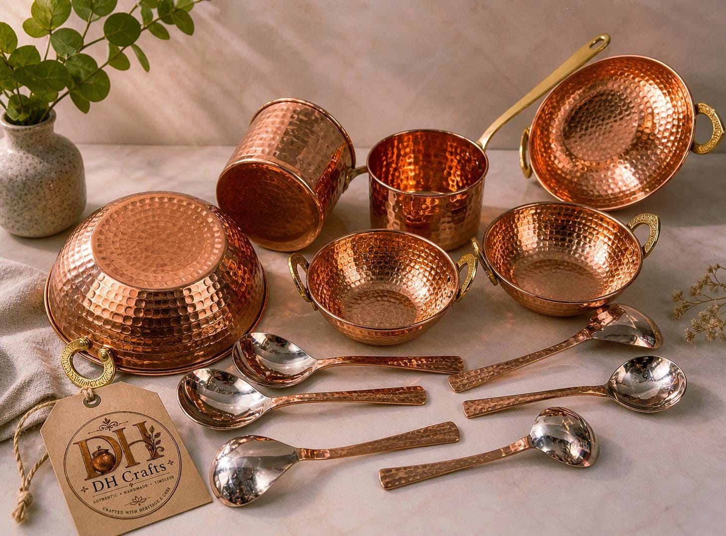 Handmade Hammered Pure Copper Cookware Set, Ayurvedic Utensils, DH