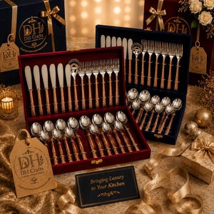 May include: Elegant silverware sets in red and navy blue velvet boxes. The sets include knives, forks, spoons, and butter knives with ornate gold-colored handles. The image also shows gift boxes with gold ribbons and tags that read "DH Crafts."