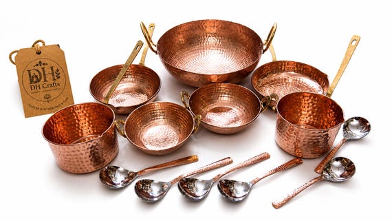 Hammered Copper Cookware Set, Brass Handles, Stainless Steel Spoons, Kitchen Gift, DH Crafts