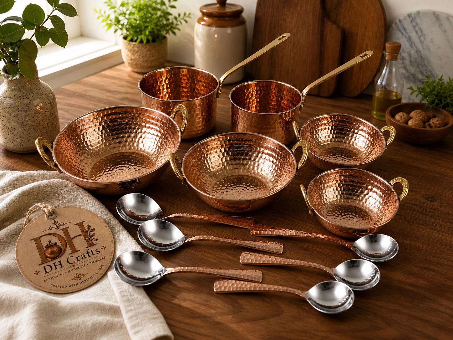 Handmade Hammered Pure Copper Cookware Set, Ayurvedic Utensils, DH