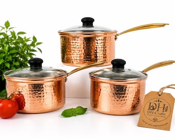Hammered  pure Copper cookware set, saucepan with Glass Lid, Kitchen Decor, Gift set, DH Crafts