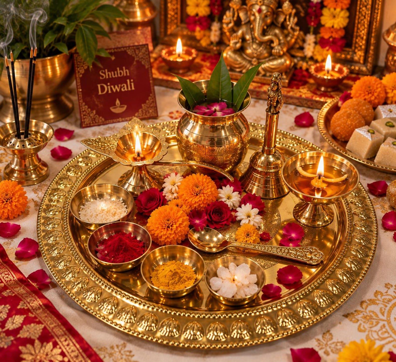 Handmade Brass Pooja Thali Set, Traditional Indian Prayer Tray with Diya, Kalash & Ritual Bowls