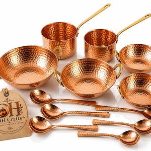 Handgemaakte pannenset van puur koper, ayurvedisch keukengerei, DH Crafts