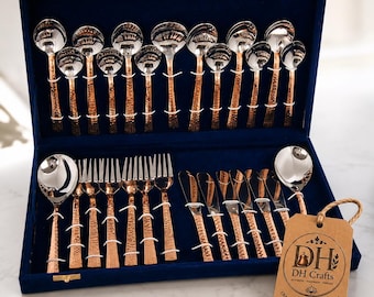 DH Crafts Hammered Copper Cutlery Set, Luxury Stainless Steel Dining Collection, Gift Box