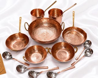Pure Copper Cookware Set with Serving Spoons, Handcrafted Hammered Kitchen Ayurvedic Utensils, Luxury Gift
