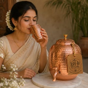 May include: A hammered copper water dispenser with a matching lid, a metal spigot, and a brown paper tag labeled DH Crafts. Beside it is a matching hammered copper tumbler. The dispenser has a rounded body and a small knob on the lid.