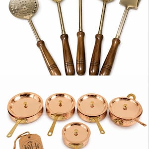 May include: A set of five gold-toned kitchen utensils with dark brown wooden handles and a set of five copper-toned pans with lids and brass handles. Each set includes a brown paper tag with the text DH Crafts printed in black ink.
