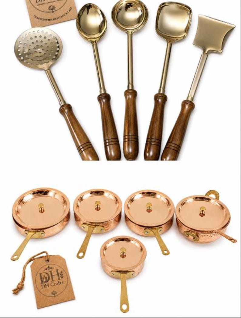 May include: A set of five gold-toned kitchen utensils with dark brown wooden handles and a set of five copper-toned pans with lids and brass handles. Each set includes a brown paper tag with the text DH Crafts printed in black ink.