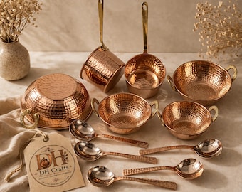Hammered Pure Copper Cookware Set, Handmade Ayurvedic Utensils, DH Crafts Kitchen Decor