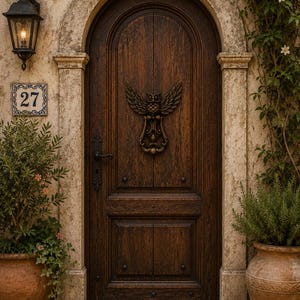 May include: An arched dark brown wooden door featuring a bronze owl-shaped door knocker with spread wings. The door is set within a stone frame with a house number tile displaying 27, a black wall lantern, and two large terracotta planters.