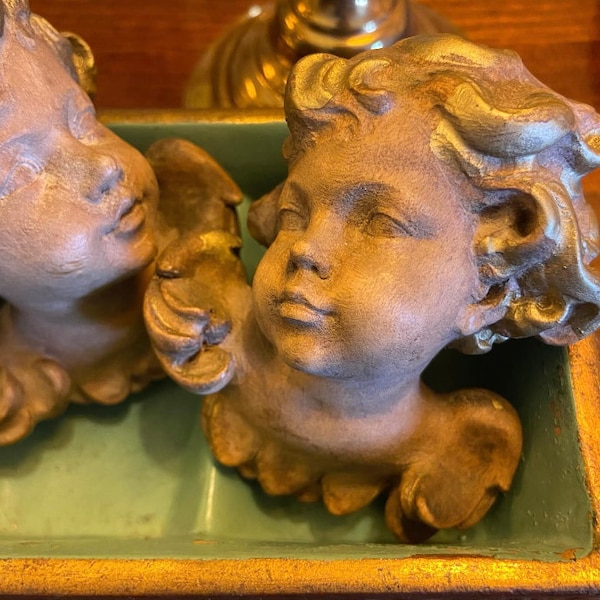 Antique Wood Cherubs Putti Angels - Pair - Wooden - French - German - Vintage - Frieze - Hanging - Church