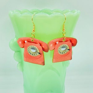 Pink Retro Rotary Phone Earrings, Kitsch Statement Jewelry, Nickel Free Lightweight Custom Made To Order