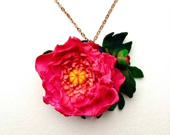 Pink Peony Necklace, Nickel Free Polymer Clay Jewelry, Hand Crafted Flowers