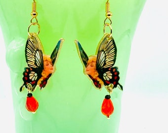 Butterfly Girl Dangle Earrings, Vintage Insect Jewelry, Lightweight Custom Made To Order, Black White Red Butterfly Nickel Free