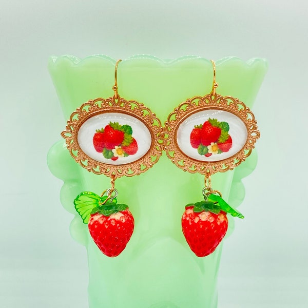 Strawberry Patch Earrings, Retro Kitsch Fruit Jewelry, Unique Vintage Style Nickel Free Dangle Earrings