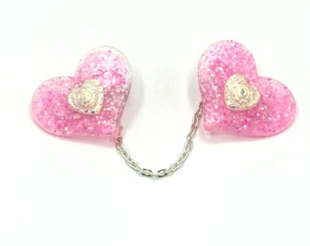 Pink Heart Sweater Clips, Glitter Valentines Day Collar Clips, Retro Kitsch Sweater Guard