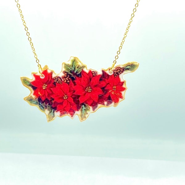 Vintage Poinsettia Illustration Necklace, Christmas Statement Jewelry, Ugly Sweater Party, Nickel Free, Lightweight Custom Made to Order