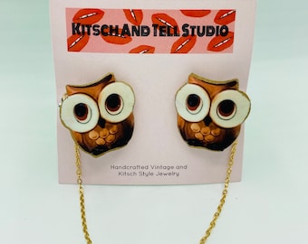 Owl Sweater Clips, 1970’s Vintage Kitsch Bird Collar Clips, Sweater Guard, Custom Made To Order, Lightweight Autumn Accessories