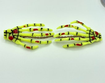 Neon Yellow Skeleton Hands Sweater Clips, Spooky Halloween Sweater Guard, Colorful Unique Collar Clips, Nickel Free Clothing Clips