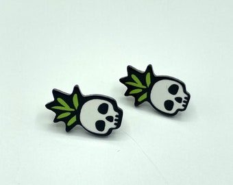 Little Skull And Plant Earrings, Spooky Stud Earrings, Halloween Jewelry, Nickel Free, Awesome Gift For Houseplant Lovers