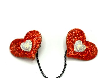 Bright Red Heart Sweater Clips, Glitter Valentines Day Collar Clips, Retro Kitsch Sweater Guard