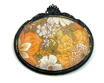 Orange Retro Floral Print Brooch, 70’s Pattern, Vintage Style Jewelry