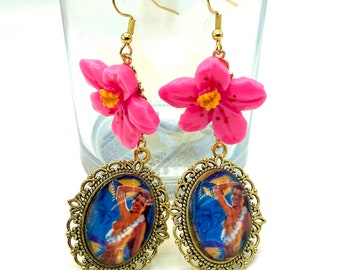 Vintage Hula Girl Hibiscus Earrings, Hawaii Kitsch, Retro Pin Up Jewelry, Nickel Free