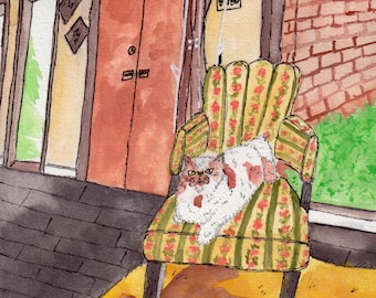 Retro kitsch Persian Cat On Yellow Chair Art Print, 8.5x11 Inches, Watercolor Art, MCM Mid Century Modern Design, Vintage Style Wall Art