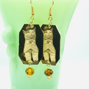 Gentleman Cat Dangle Earrings, Vintage Style Jewelry, Lightweight   Nickel Free Earrings, Custom Made To Order