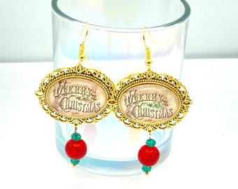 Merry Christmas Typography Earrings, Vintage Style Word Jewelry, Handmade Classic Nickel Free Accessories
