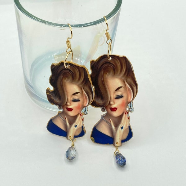 Vintage Lady Head Vase Earrings, 1950’s Retro Kitsch Style Nickel Free Jewelry, Custom Made To Order, Lightweight