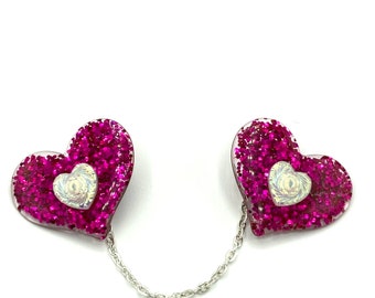 Dark Pink Glitter Heart Sweater Clips, Retro Kitsch Collar Clips, Fuchsia Valentines Sweater Guard
