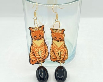 Ginger Cat Dangle Earrings, Vintage Illustration Art Jewelry, Custom Made To Order, Nickel Free