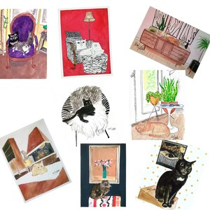 Ensemble de cartes postales kitsch rétro, lot de 8 cartes de voeux originales, design moderne MCM Mid-Century, art de chat mignon
