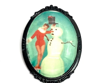 Vintage Style Snowman Brooch, Retro Kitsch Christmas Jewelry, Unique Winter Nickel Free Accessories