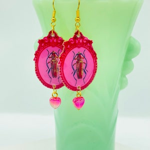 Pink Beetle Earrings, Blacklight Reflective, Entomology Jewelry, Nickel Free, Lightweight Custom Made To Order
