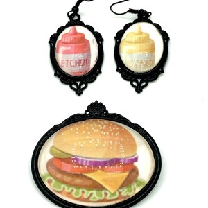 Fast Food Themed Brooch And Earrings Set, Hamburger, Ketchup and Mustard, Kitsch jewelry, Nickel Free Hypoallergenic