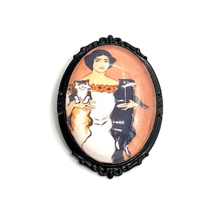 Edwardian Lady With Two Cats Brooch, Vintage Illustration Art Jewelry