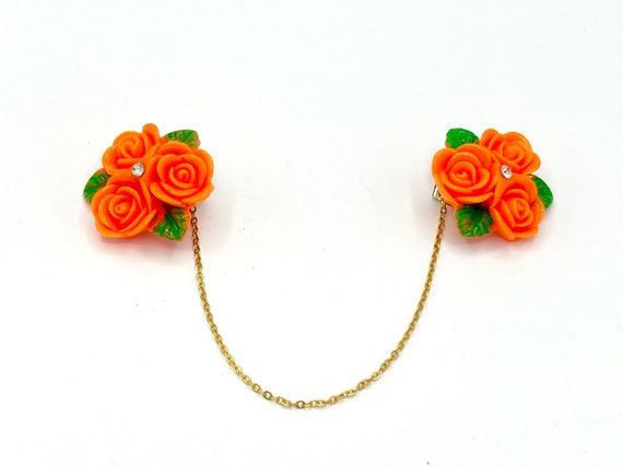 Retro Vintage Style Orange Floral Sweater Clips, Collar Clips