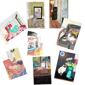Ensemble de cartes postales rétro kitsch Kitty Cat, lot de 8 cartes postales, aquarelle originale, décoration d'intérieur vintage, MCM Mid Century Modern
