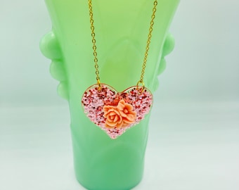 Pink Glitter Heart And Flowers Valentines Day Necklace, Resin Jewelry, Valentines Gift