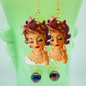 Vintage Lady Head Vase Earrings, 1950’s Retro Kitsch Style Nickel Free Jewelry, Custom Made To Order, Lightweight