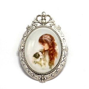 Harrison Fisher Girl And Dog Brooch and Pendant, Vintage Illustration, Gibson Girl, Nickel Free