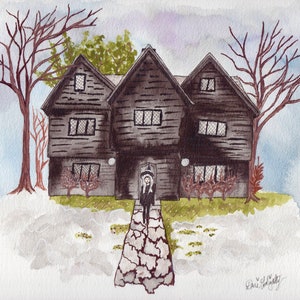 Salem Witch House In Winter Art Print, Cute Witchy Wall Decor, Halloween, Spooky House, 8.5x11 Inches