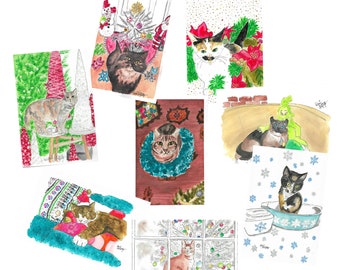 Christmas Kitty Postcard Set, 8 Original Art Postcards, Christmas Cards, Cat Art