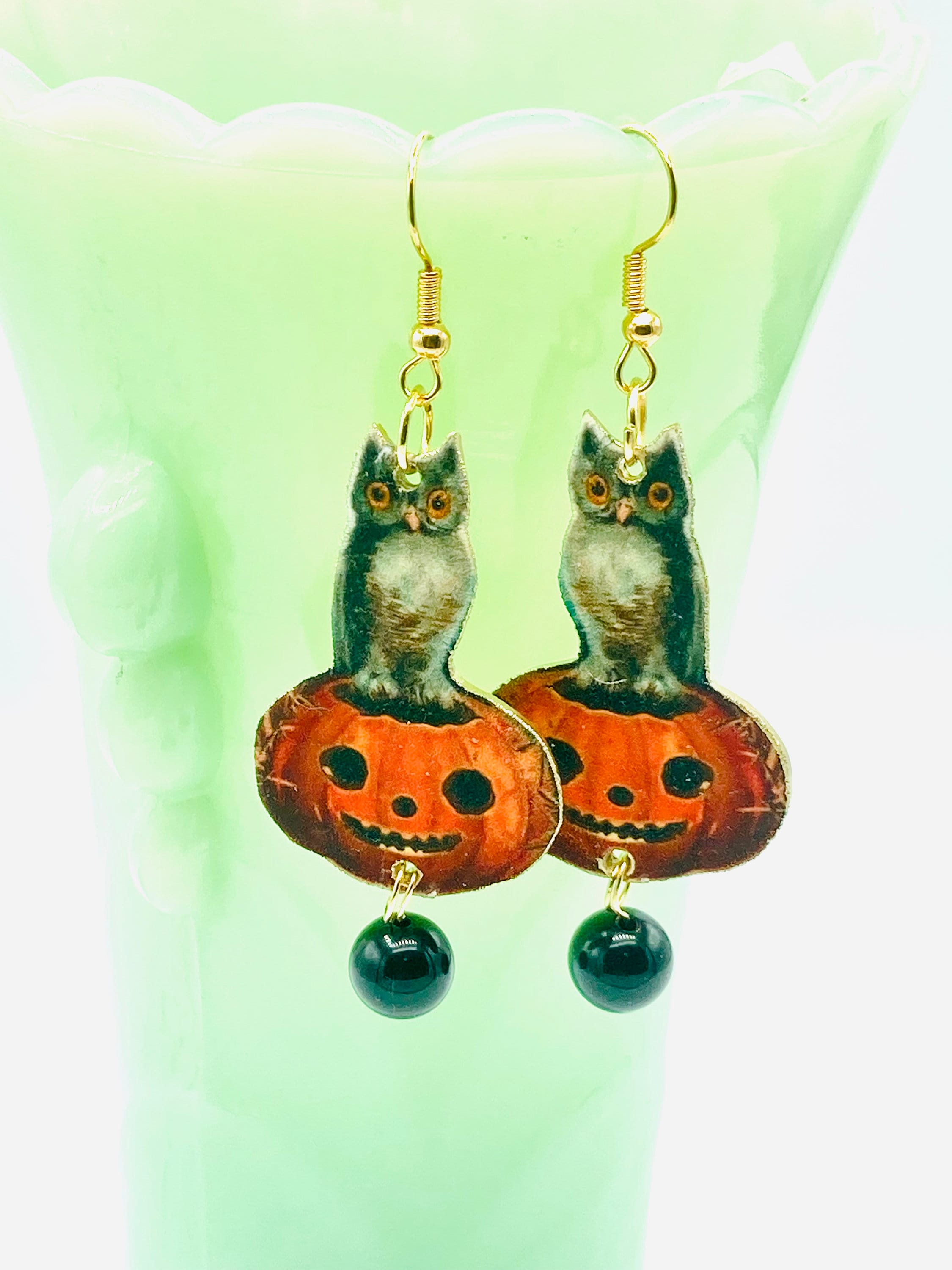 Pumpkin Owl Dangle Earrings, Jack-O-Lantern Jewelry, Lightweight Nickel Free Earrings, Custom Made