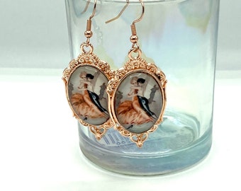 Lesbian Women Dancing Earrings, 1920’s Art Deco Jewelry, Vintage Style Graphic Handmade Accessories, Rose Gold Plated Sapphic Nickel Free