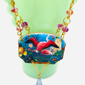 Flamingo Beaded Statement Necklace, 1920’s Illustration Of Flamingos in Egypt, Nickel Free, Lightweight Custom Made To Order